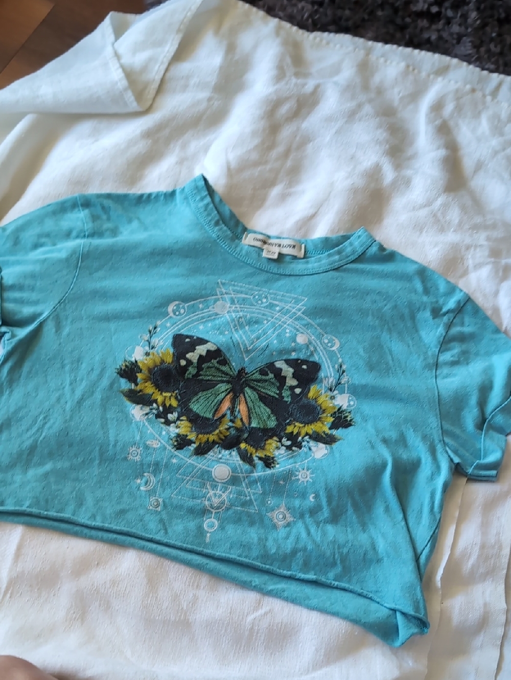 Womans Turquoise Butterfly Graphic Crop Top